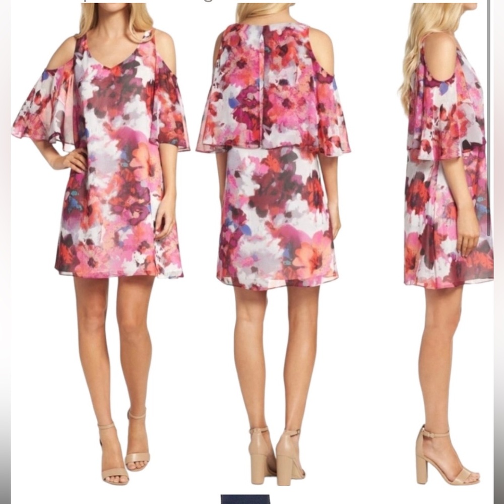 Cold Shoulder Chiffon Dress Red and Pink Watercolor Sz 10 Maggy London